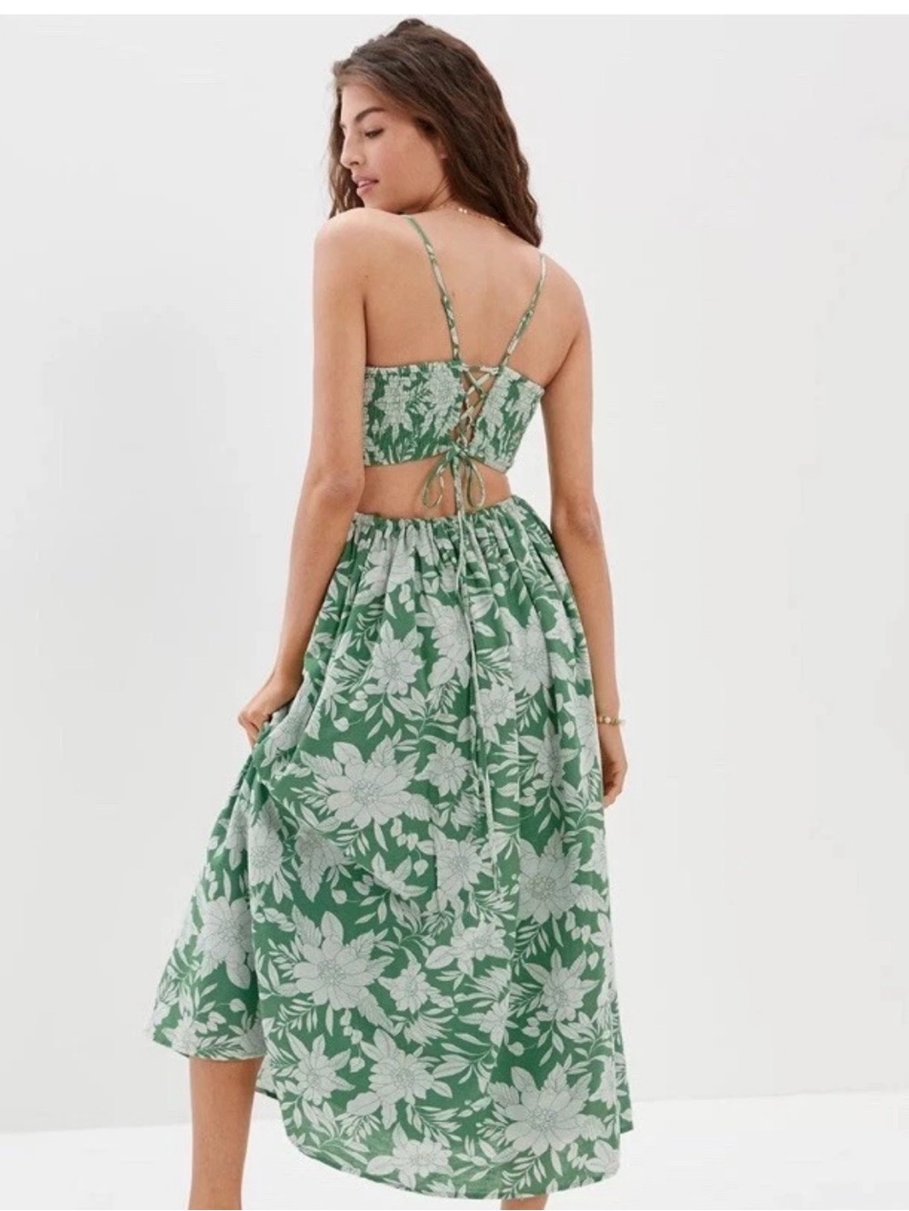 American Eagle Green & White Floral Cutout Maxi Cotton/Linen Dress - Picture 2 of 10